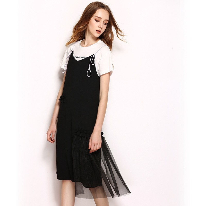 Mode-Rundhalsausschnitt-T-Shirt, Midi-Kleid Mit Mesh-Detail | VoguesUs
