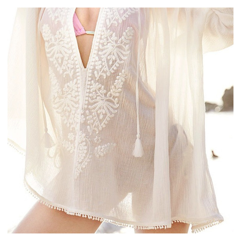 Fashion Sexy Holiday Wind Embroidery Deep V Blouse | VoguesUs