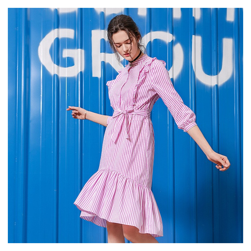 Fashionable Sweet Fresh Lotus Leaf Striped Lace Dress | VoguesUs