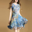 Blau Basiert Floral Print Rundhalsausschnitt Midi Kleid