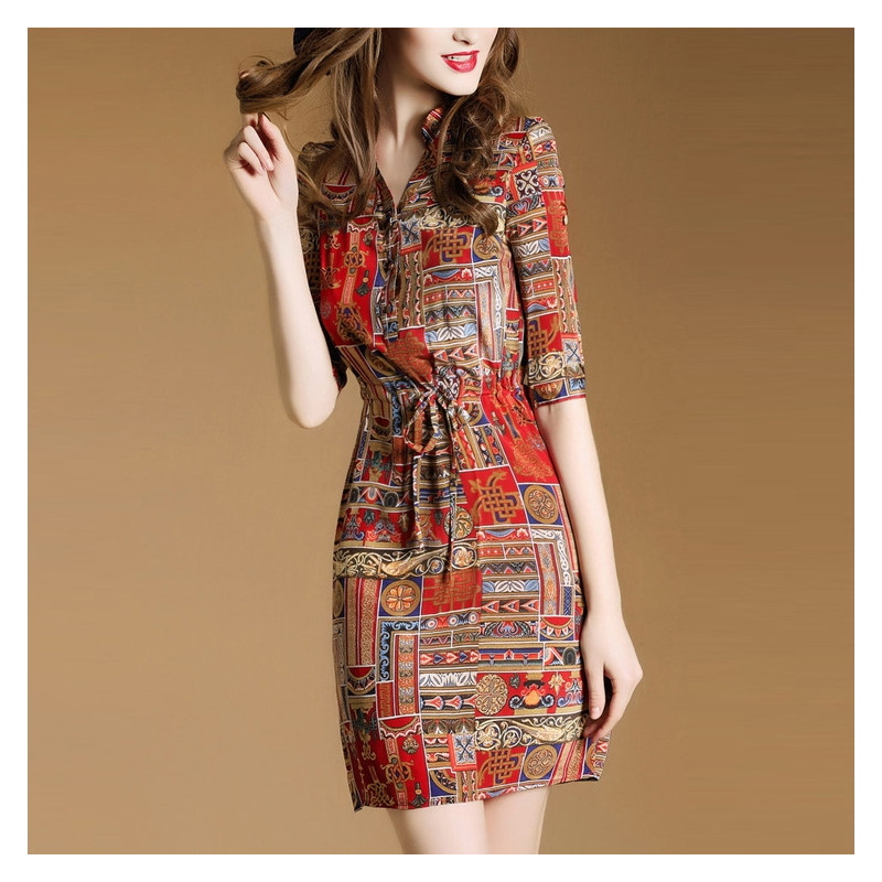 Rojo Basada Impresión Del Patrón De V Cuello Bodycon Vestido Midi