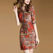 Rojo Basada Impresión Del Patrón De V Cuello Bodycon Vestido Midi