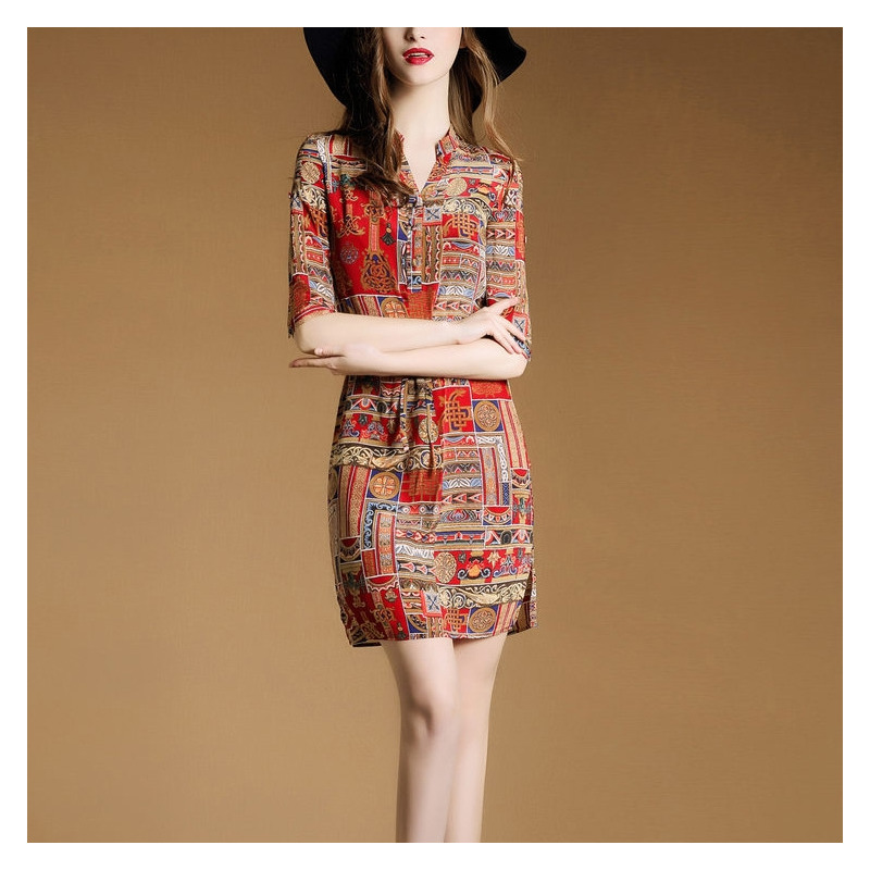 Rojo Basada Impresión Del Patrón De V Cuello Bodycon Vestido Midi