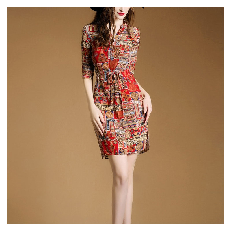 Red Based Pattern Print V Neck Bodycon Midi Dress | VoguesUs