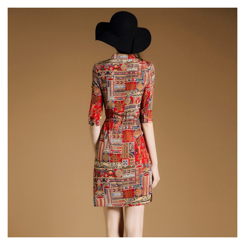 Rojo Basada Impresión Del Patrón De V Cuello Bodycon Vestido Midi