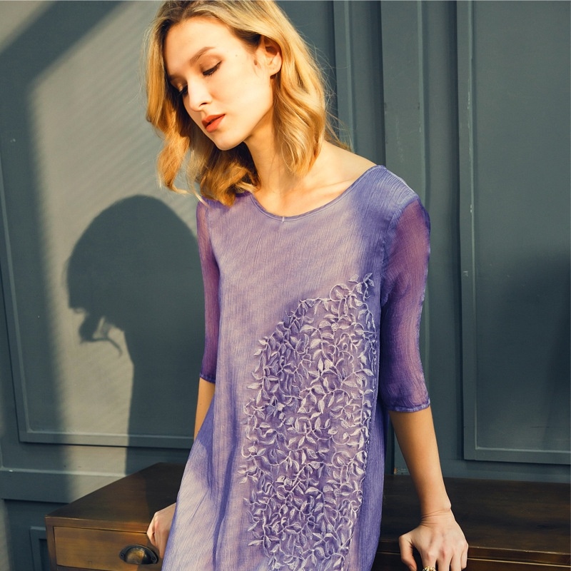 Elegant Exquisite Embroidery Layer Mesh Dress In Mulberry Silk |