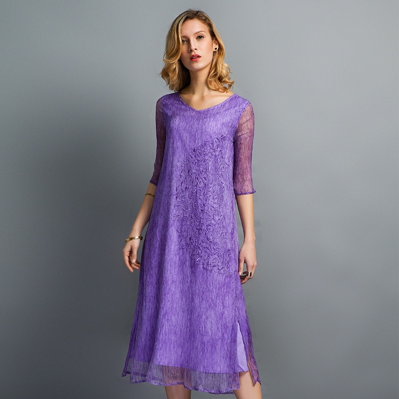 Elegant Exquisite Embroidery Layer Mesh Dress In Mulberry Silk |