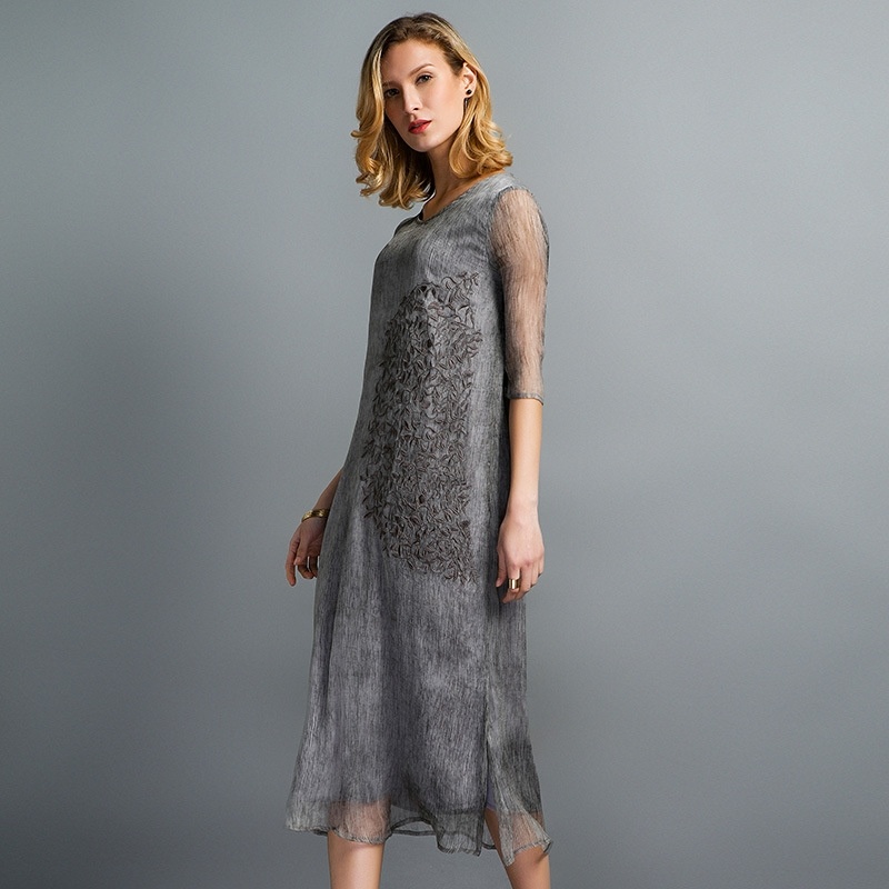 Elegant Exquisite Embroidery Layer Mesh Dress In Mulberry Silk |