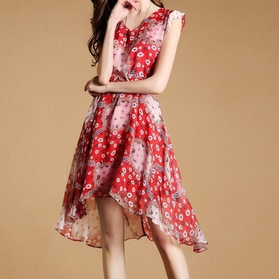 Fashion Red Basierend Blumenmuster Druck V-Ausschnitt Midi-Kleid |