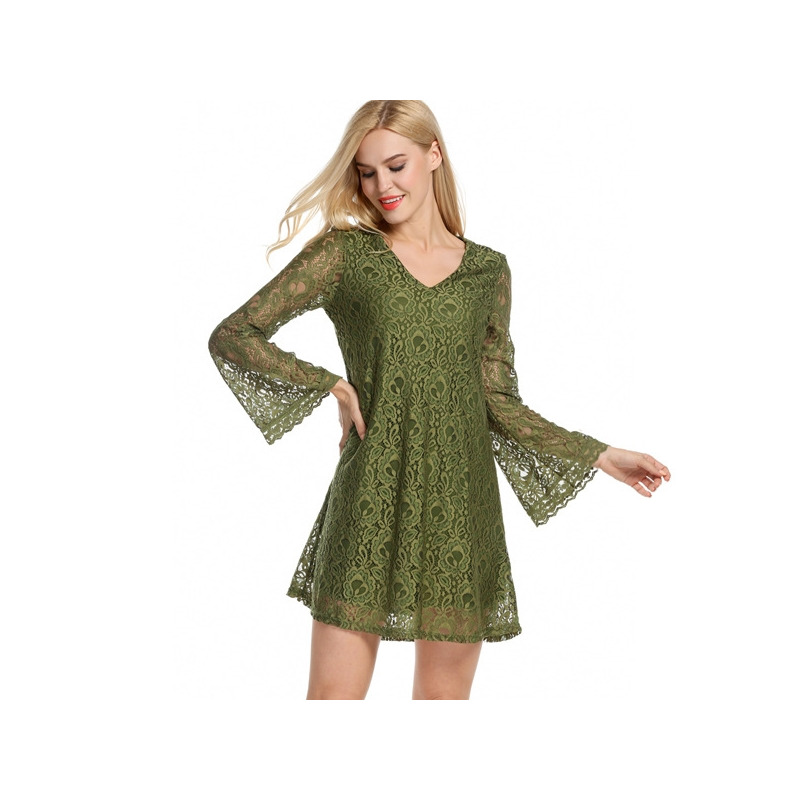 Moda Sexy V Cuello De Encaje De La Flauta Mangas Vestido Midi
