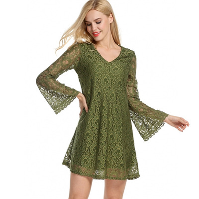 Moda Sexy V Cuello De Encaje De La Flauta Mangas Vestido Midi