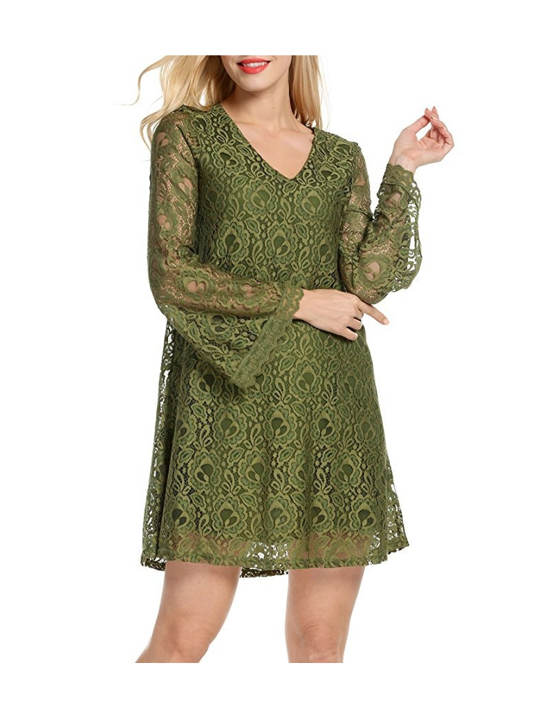 Moda Sexy V Cuello De Encaje De La Flauta Mangas Vestido Midi