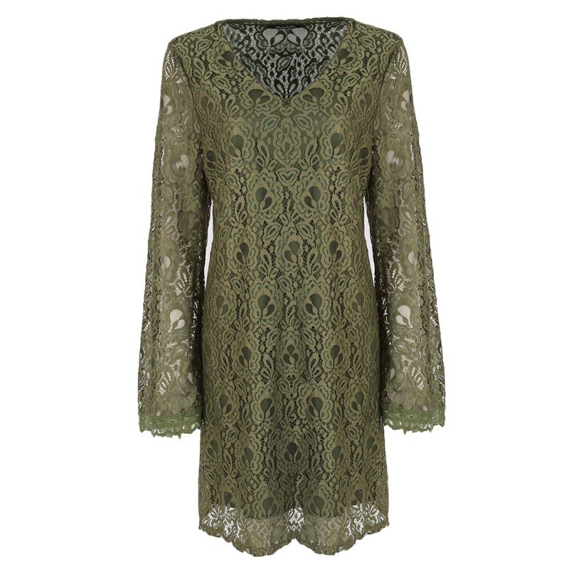 Moda Sexy V Cuello De Encaje De La Flauta Mangas Vestido Midi