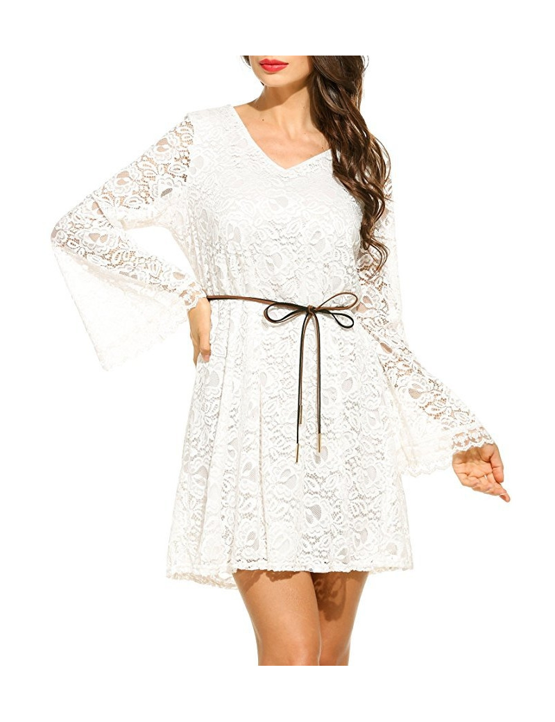 Fashion Sexy V Neck Lace Flute Sleeves Midi Dress | VoguesUs