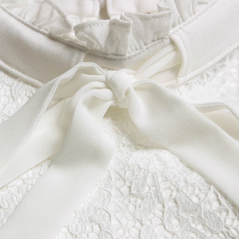 Exquisite White Lace Shirt With Tie Collar Detail | VoguesUs