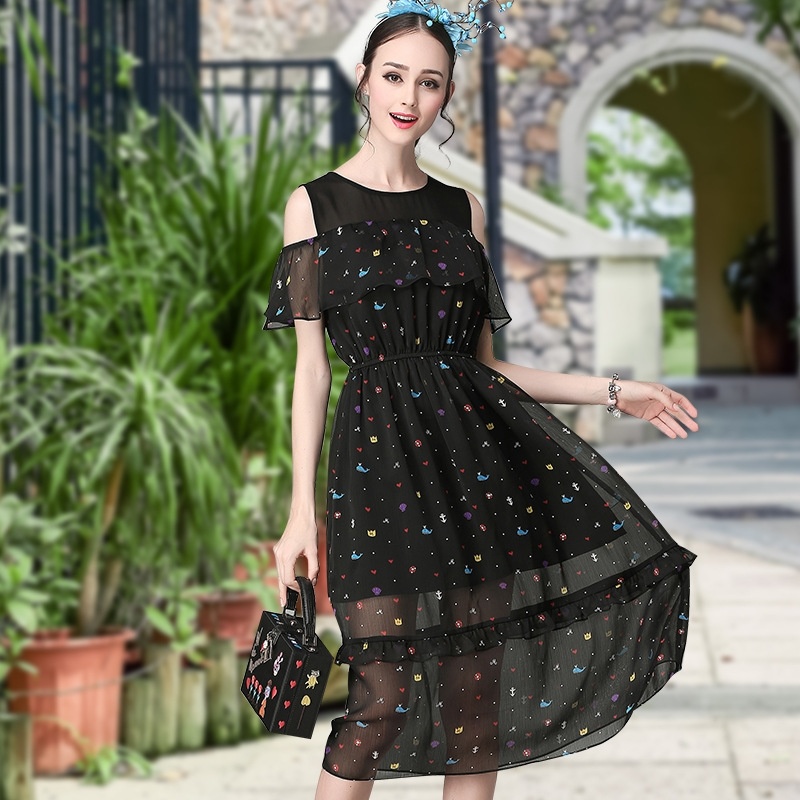 Elegant Black Based Print Double Layer Off Shoulder Maxi Dress |