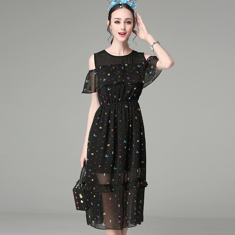 Elegante Schwarz Drucken-Doppelte Schicht Aus Der Schulter Maxi-Kleid