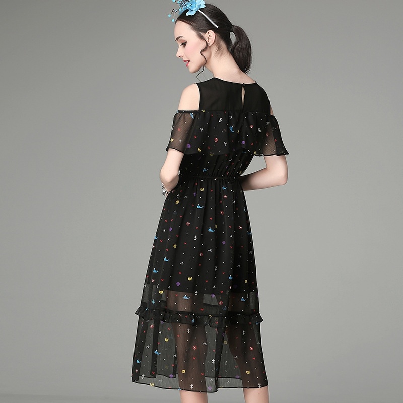 Élégant Noir D'Impression À Base De Double Couche Hors De L'Épaule Robe Maxi |