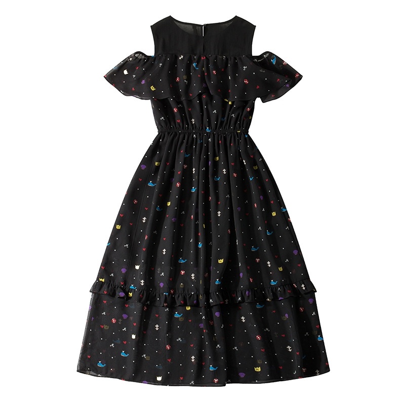Elegante Schwarz Drucken-Doppelte Schicht Aus Der Schulter Maxi-Kleid