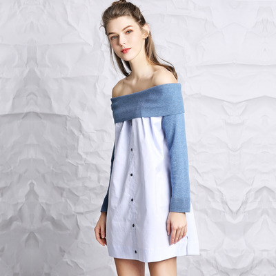Blau Und Weiß-Kontrast-Farbe-Off-Shoulder-Kleid | VoguesUs