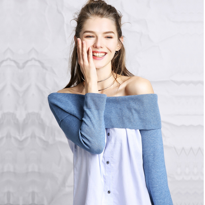 Blau Und Weiß-Kontrast-Farbe-Off-Shoulder-Kleid | VoguesUs