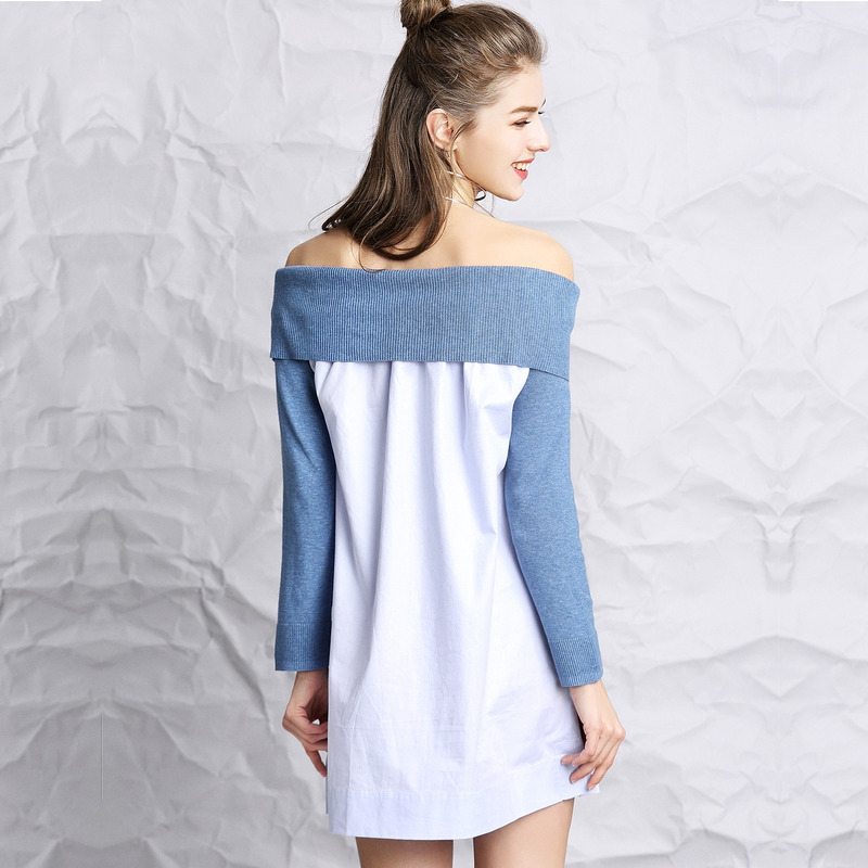 Blue And White Contrast Color Off Shoulder Dress | VoguesUs