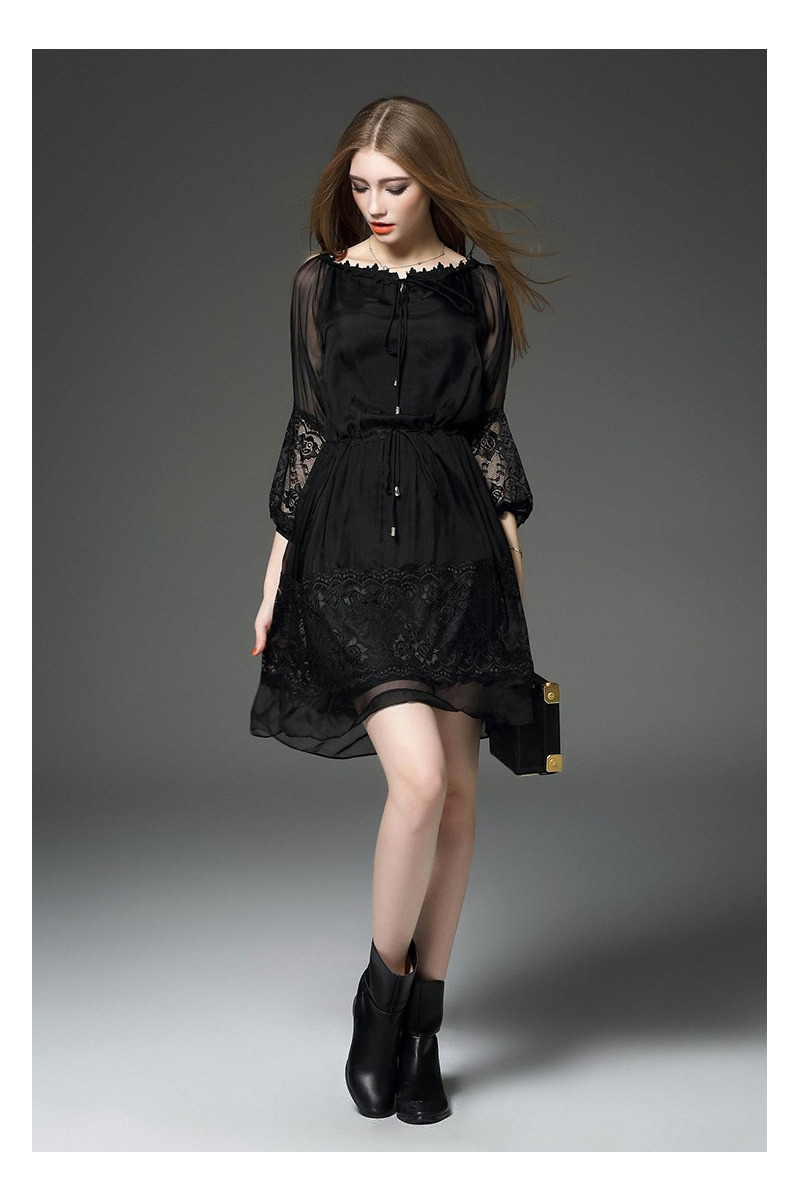 Elegante Capas De Manga Larga De Encaje Negro Vestido De Malla