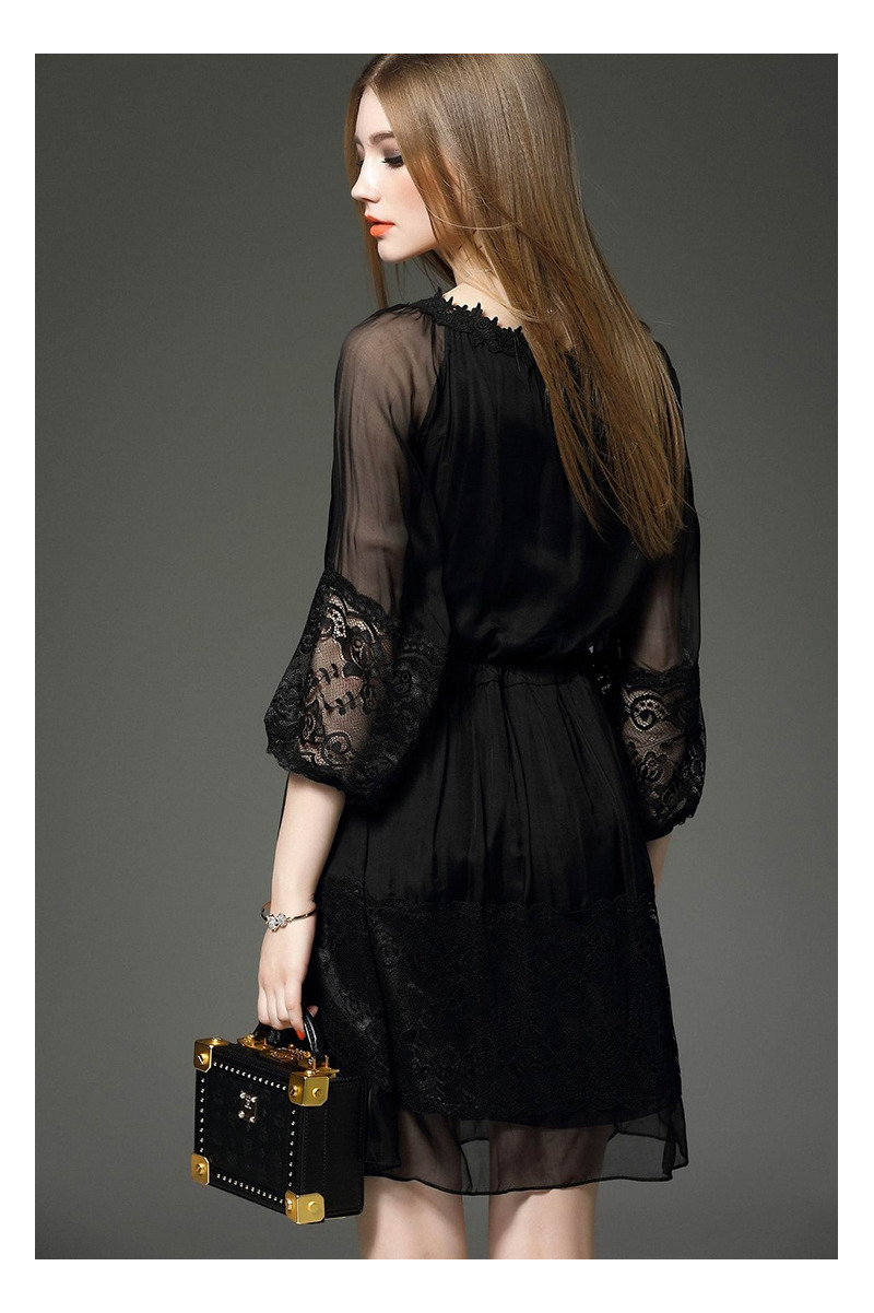 Elegante Layered Long Sleeve Black Lace Mesh-Kleid | VoguesUs