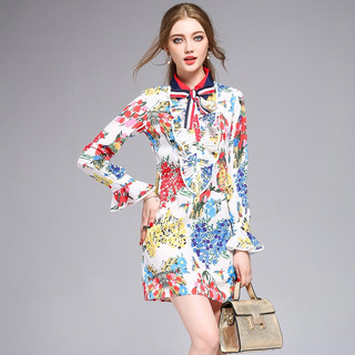 Moda Dulce Y Elegante De La Impresión De La Flauta Mangas Vestido De