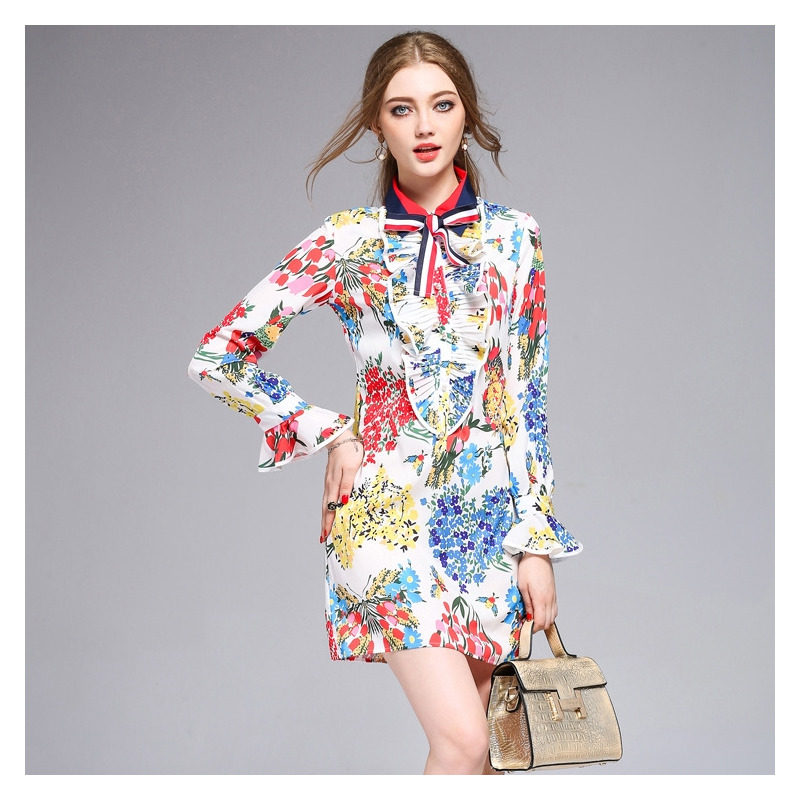 Moda Dulce Y Elegante De La Impresión De La Flauta Mangas Vestido De