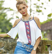 Fashion National Style Strapless Cold Shoulder Print Shirt