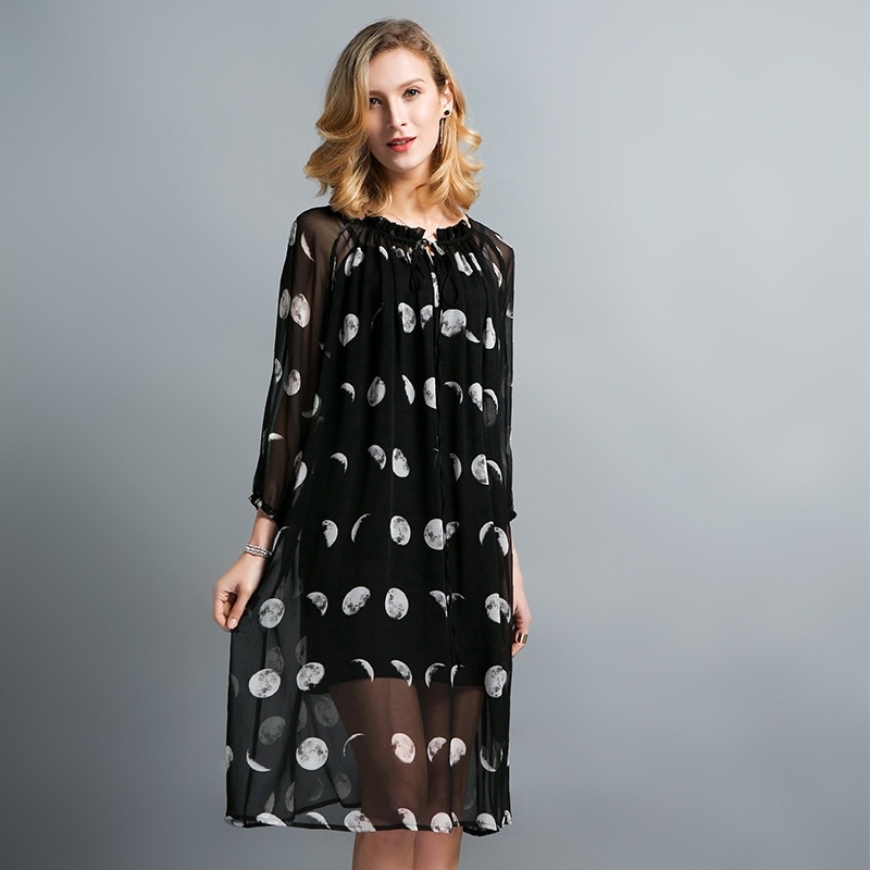 Blach Mesh Elegant Moon Print A Line Dress | VoguesUs