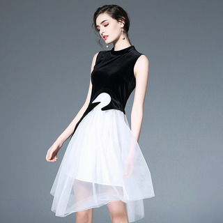 Elegante Cisne Costuras De Doble Capa Sin Mangas Vestido Midi