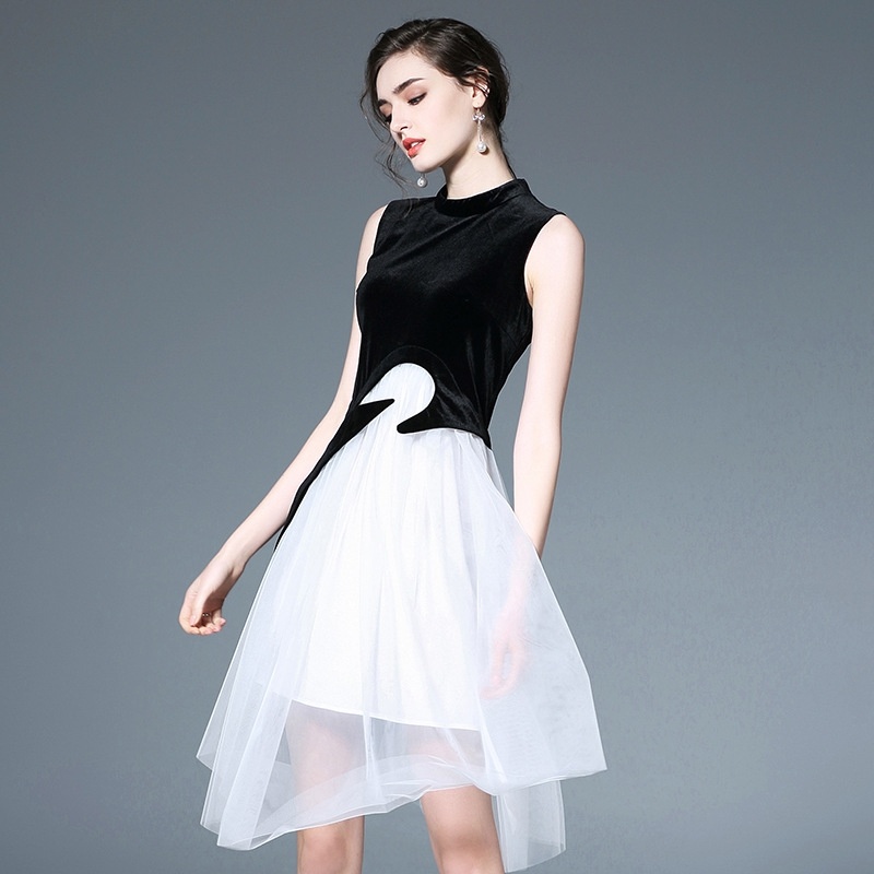 Elegante Cisne Costuras De Doble Capa Sin Mangas Vestido Midi