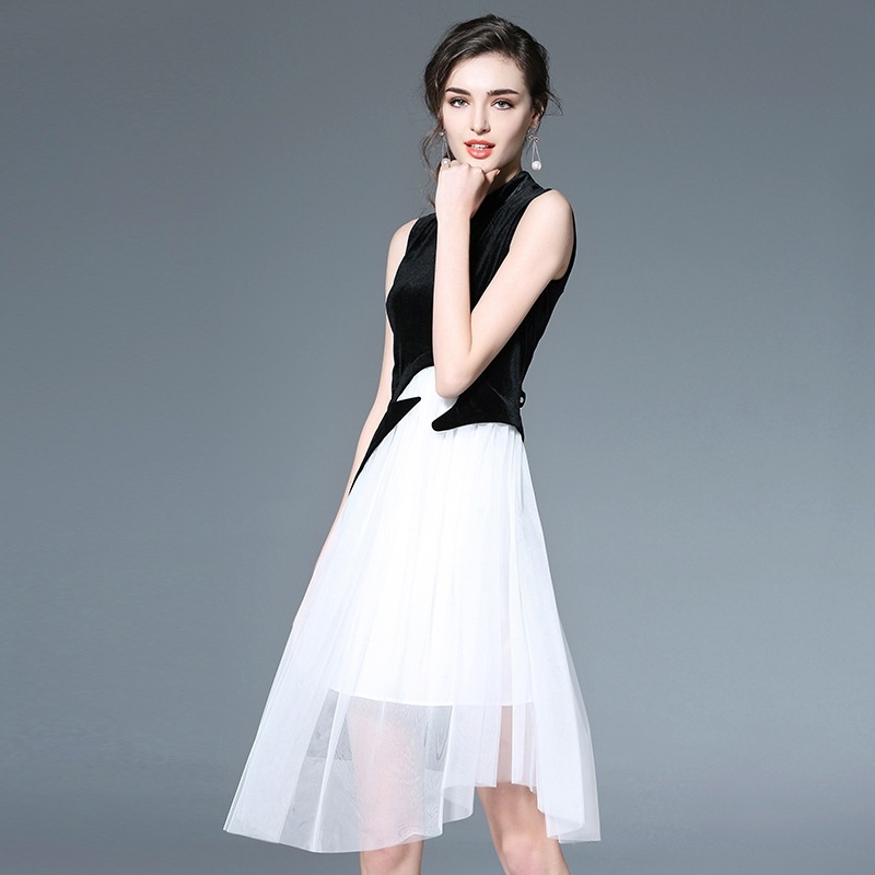 Stylish Swan Stitching Double Layer Sleeveless Midi Dress | VoguesUs