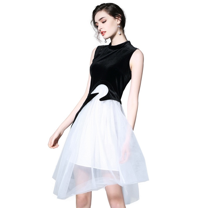 Elegante Cisne Costuras De Doble Capa Sin Mangas Vestido Midi