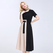 Mode Gespleißt Kontrast Farbe Kurzarm Midi-Kleid Mit Kragen-Detail