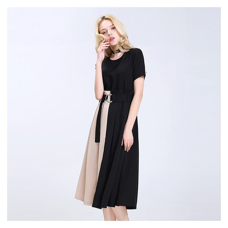 Fashion Spliced Contrast Color Short Sleeve Midi Dress With Collar
