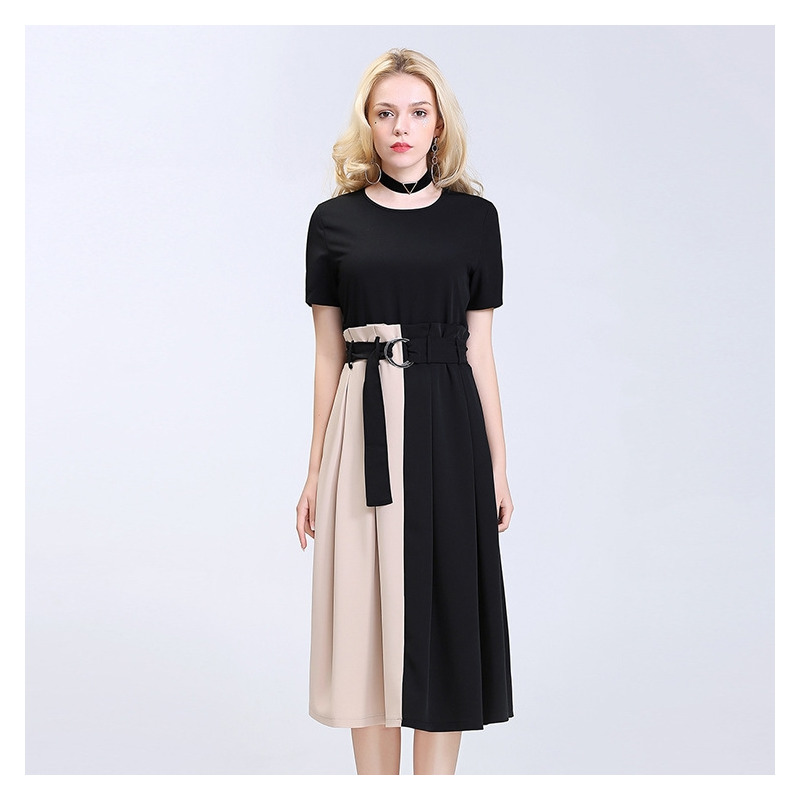 La Moda Empalmados Contraste De Color De Manga Corta Vestido Midi Con
