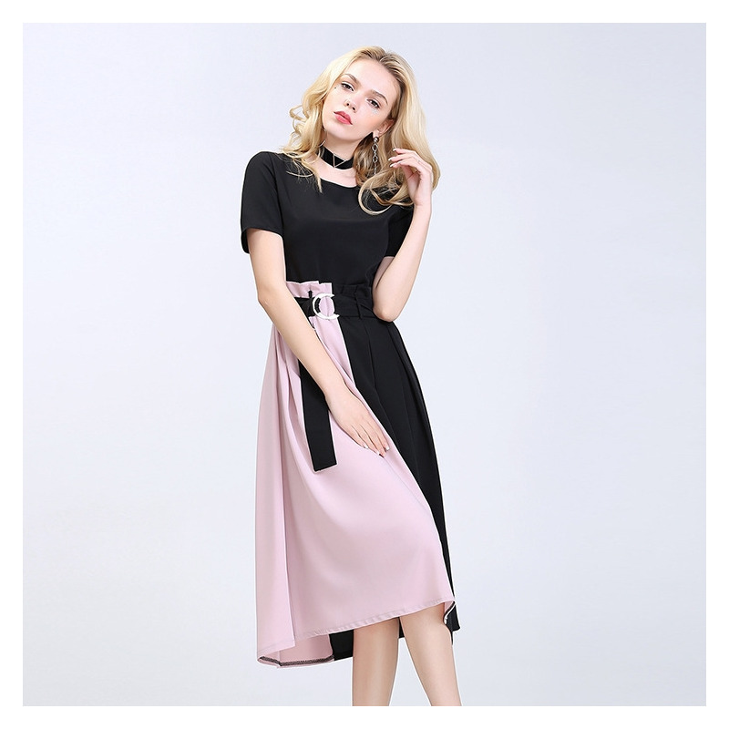 La Moda Empalmados Contraste De Color De Manga Corta Vestido Midi Con