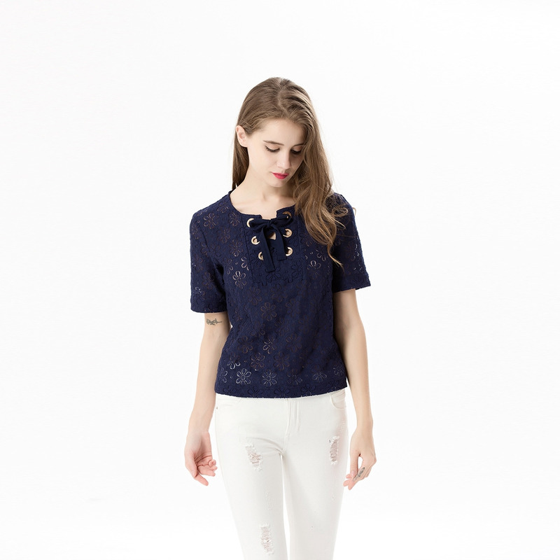 Sweet Short Sleeves Lace T-Shirt With Tie Collar | VoguesUs