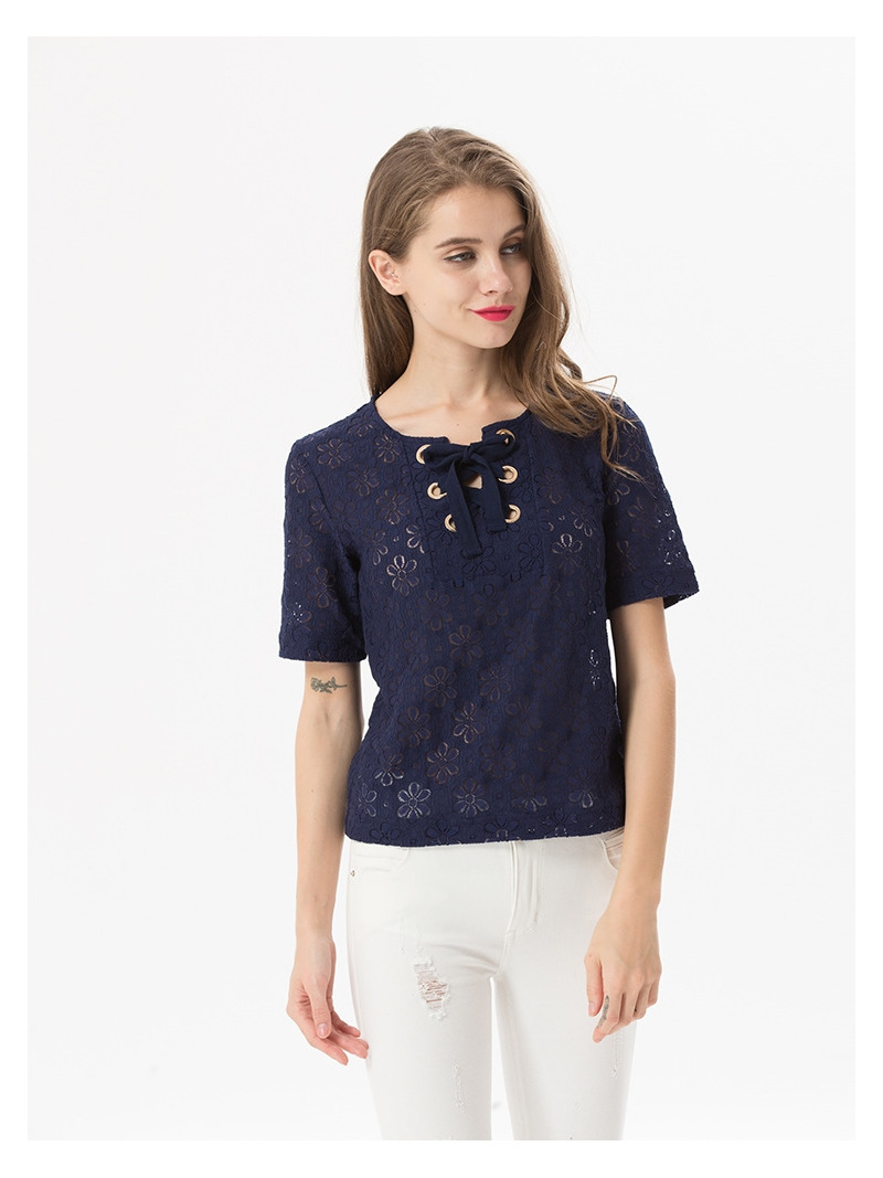 Sweet Manches Courtes En Dentelle T-Shirt Avec Une Cravate Collier | VoguesUs