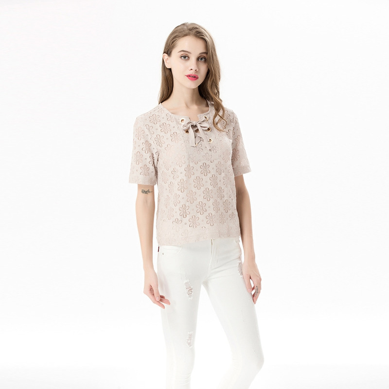 Dulce Mangas Cortas De Encaje Camiseta Con Corbata Collar