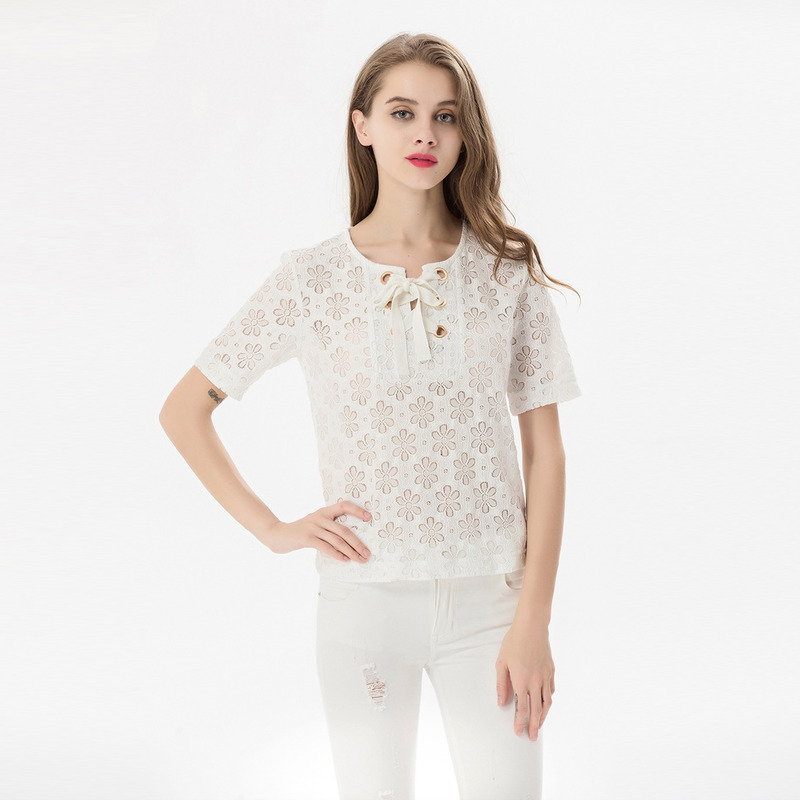 Dulce Mangas Cortas De Encaje Camiseta Con Corbata Collar