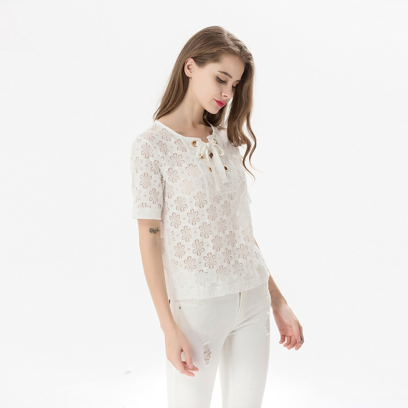 Sweet Short Sleeves Lace T-Shirt With Tie Collar | VoguesUs