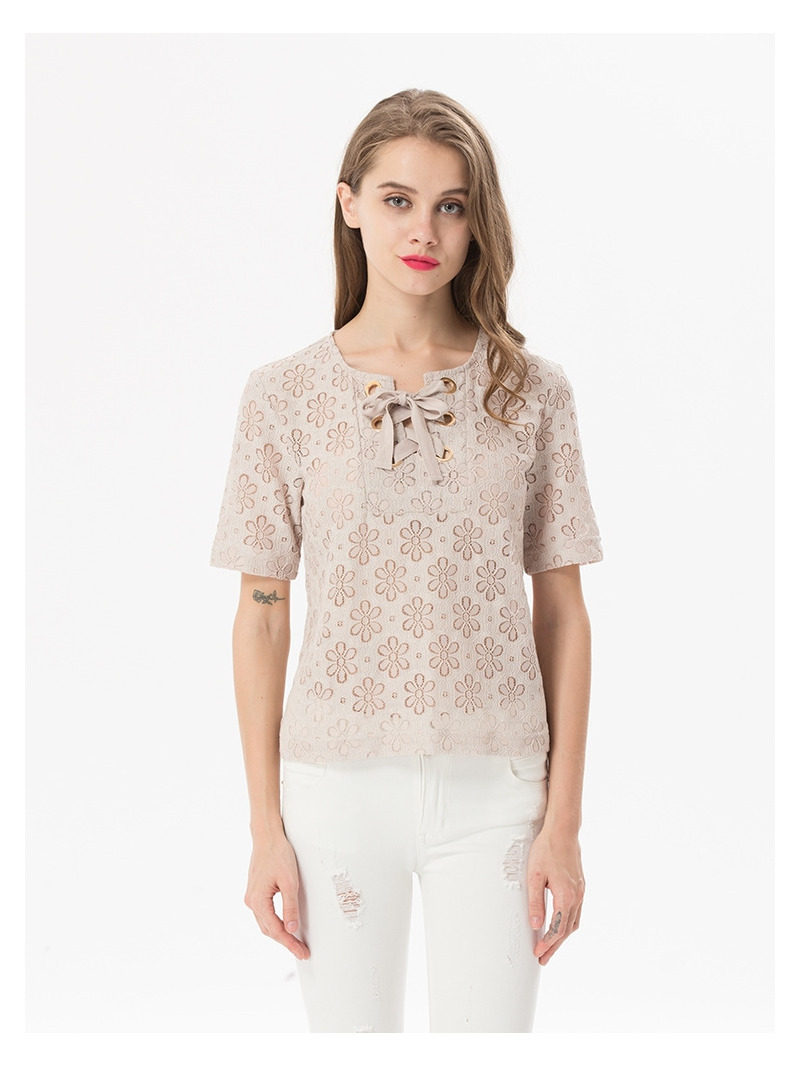 Sweet Short Sleeves Lace T-Shirt With Tie Collar | VoguesUs
