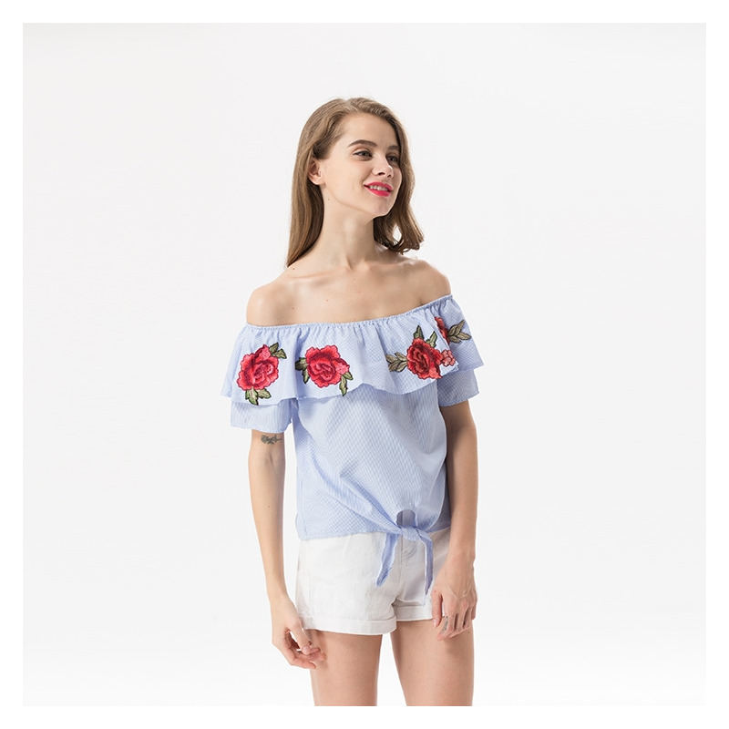 Süße Und Frische Blumen Bestickt Lotus-Blatt-Off-Schulter Bluse |