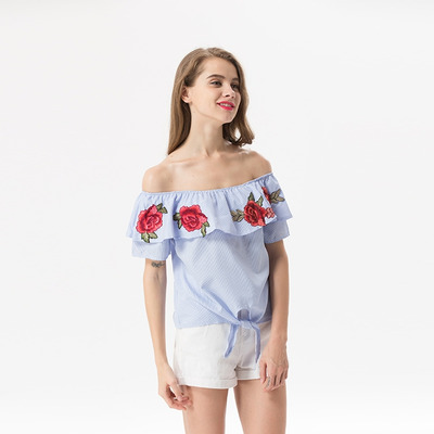 Süße Und Frische Blumen Bestickt Lotus-Blatt-Off-Schulter Bluse |
