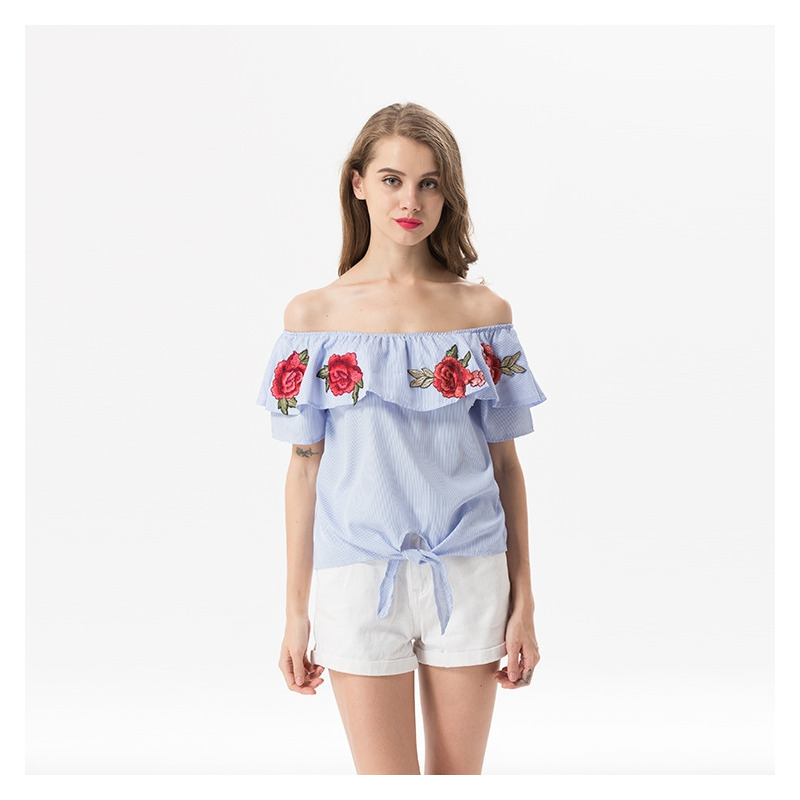 Süße Und Frische Blumen Bestickt Lotus-Blatt-Off-Schulter Bluse |