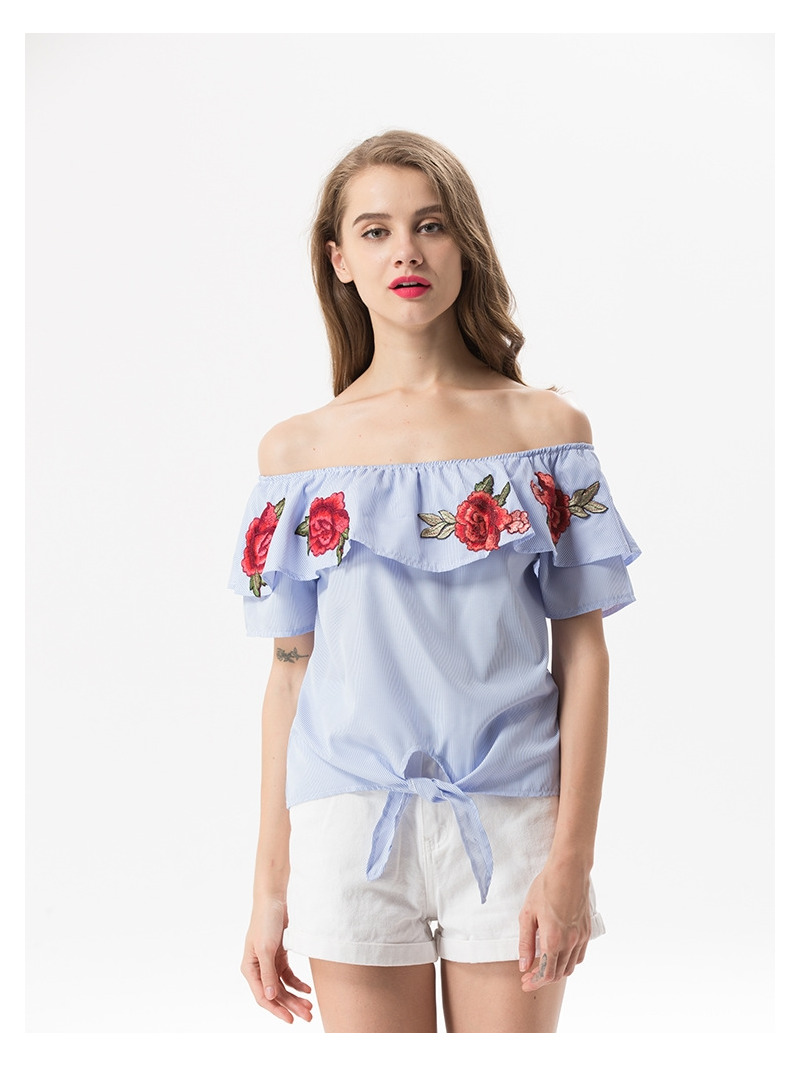 Süße Und Frische Blumen Bestickt Lotus-Blatt-Off-Schulter Bluse |
